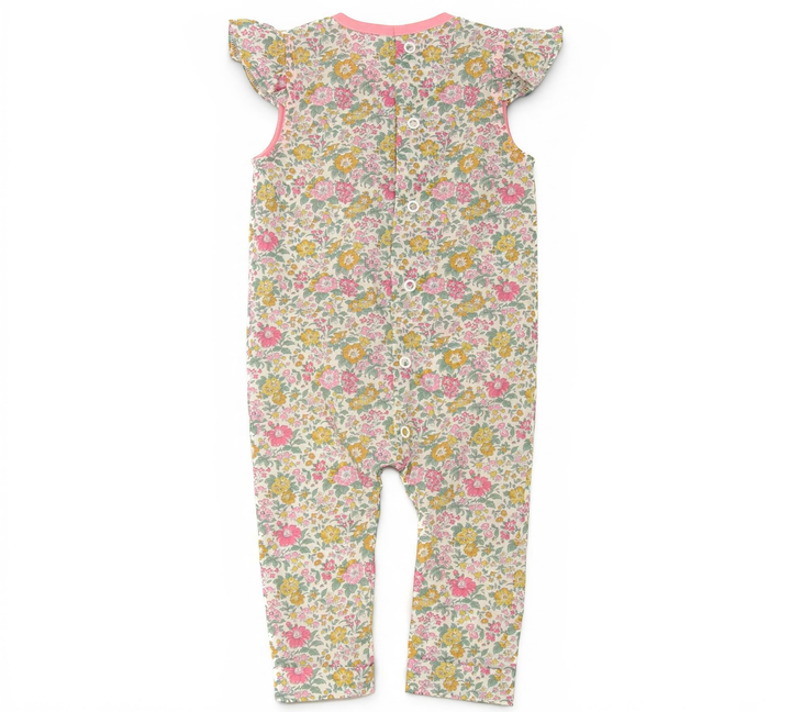 Patternforkids Baby Overall MIA mit Blumenmuster, Rüschenärmeln und Druckknopfleiste am Rücken