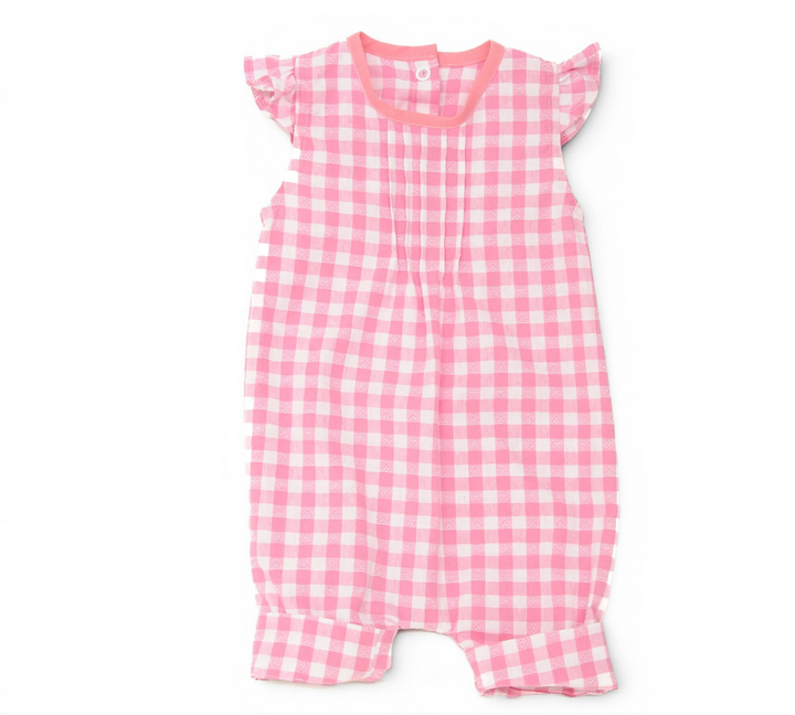 Patternforkids Baby Overall MIA mit rosa-weißem Karomuster, Rüschenärmeln und Falten am Ausschnitt