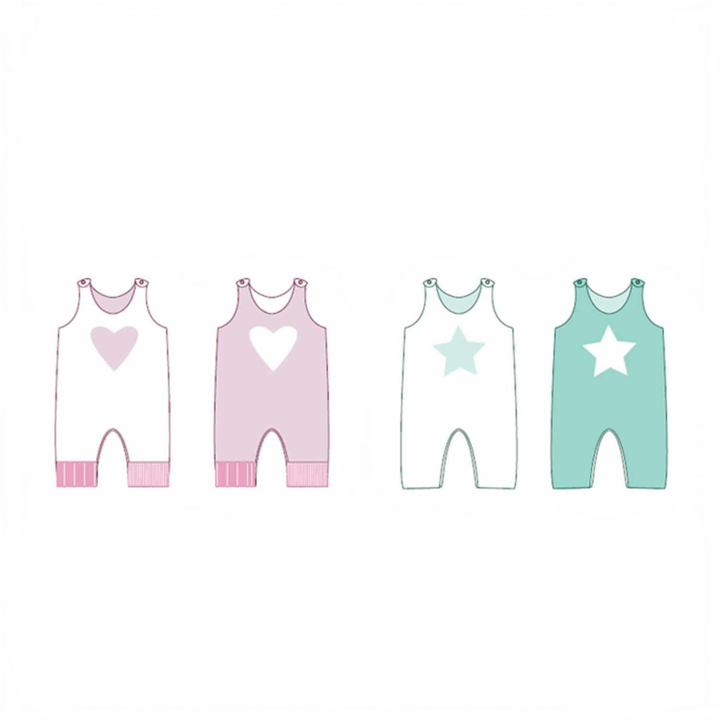 Patternforkids Schnittmuster für Baby-Wendeoverall mit Herz- oder Stern-Applikation in Rosa und Türkis