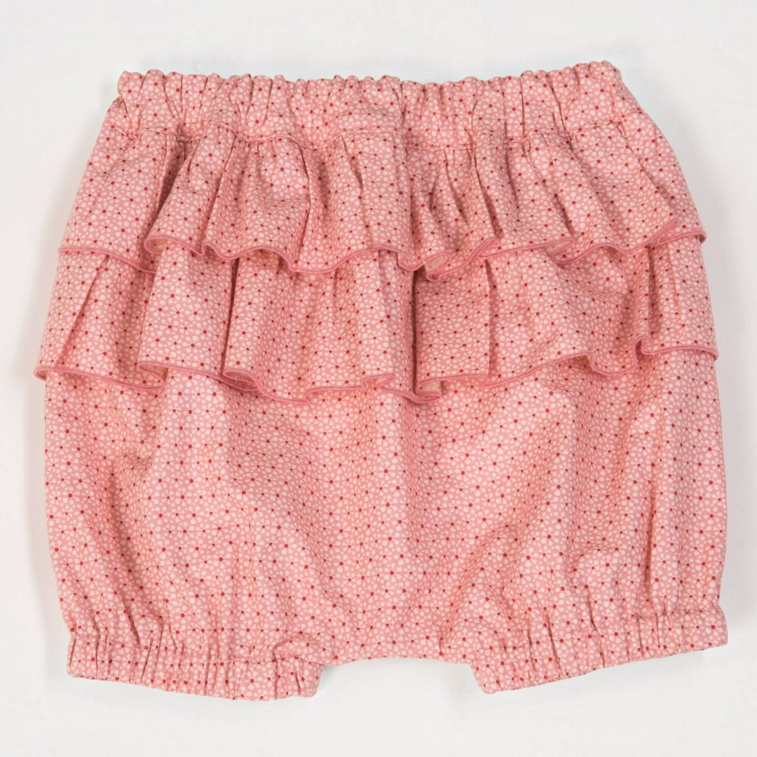 Patternforkids Baby Pumphose mit Rüschen aus rosa Baumwollstoff mit kleinem Blumenmuster für Sommeroutfits