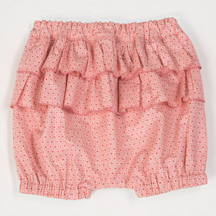 Patternforkids Baby Pumphose mit Rüschen aus rosa Baumwollstoff mit kleinem Blumenmuster für Sommeroutfits