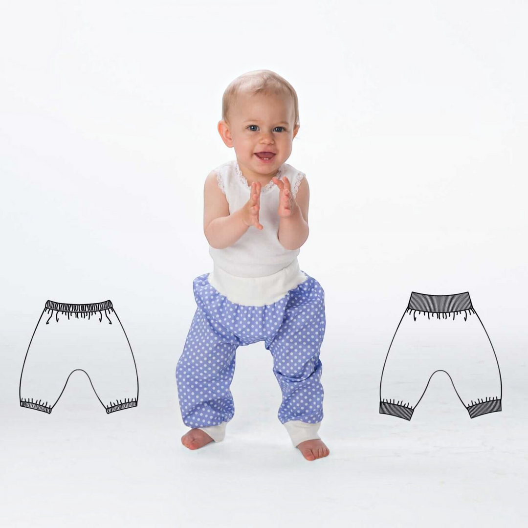 Kleinkind trägt eine blau-weiß gepunktete Pumphose von Patternforkids mit elastischen Bündchen, daneben Schnittskizzen.