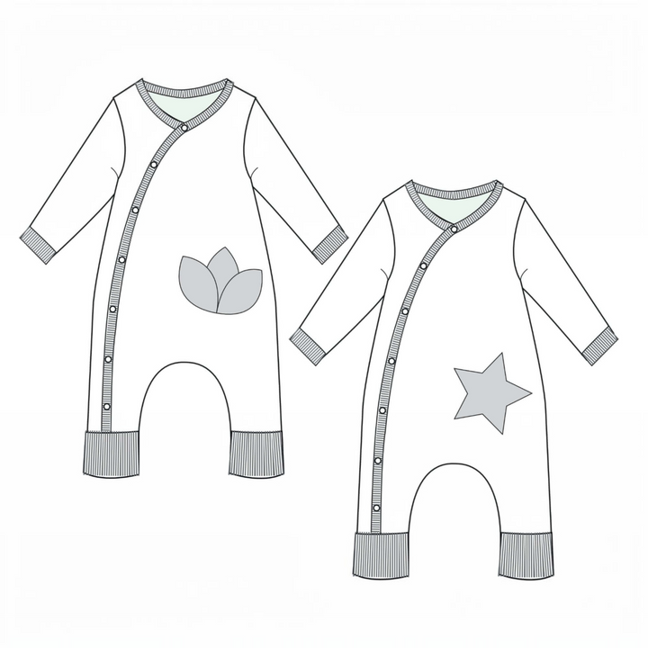 Patternforkids PDF Schnittmuster LISA: Skizze von zwei fußlosen Baby-Langarm-Stramplern mit Druckknopfleiste