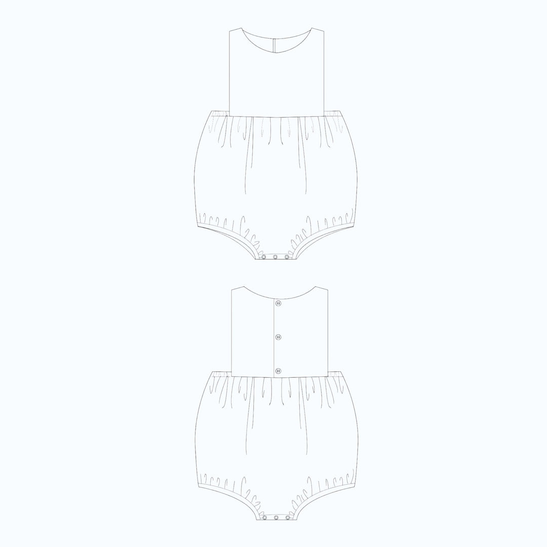 Patternforkids PDF Schnittmuster MARCO: Technische Zeichnung eines Baby-Stramplers mit Bloomer-Schnitt und Knöpfen.