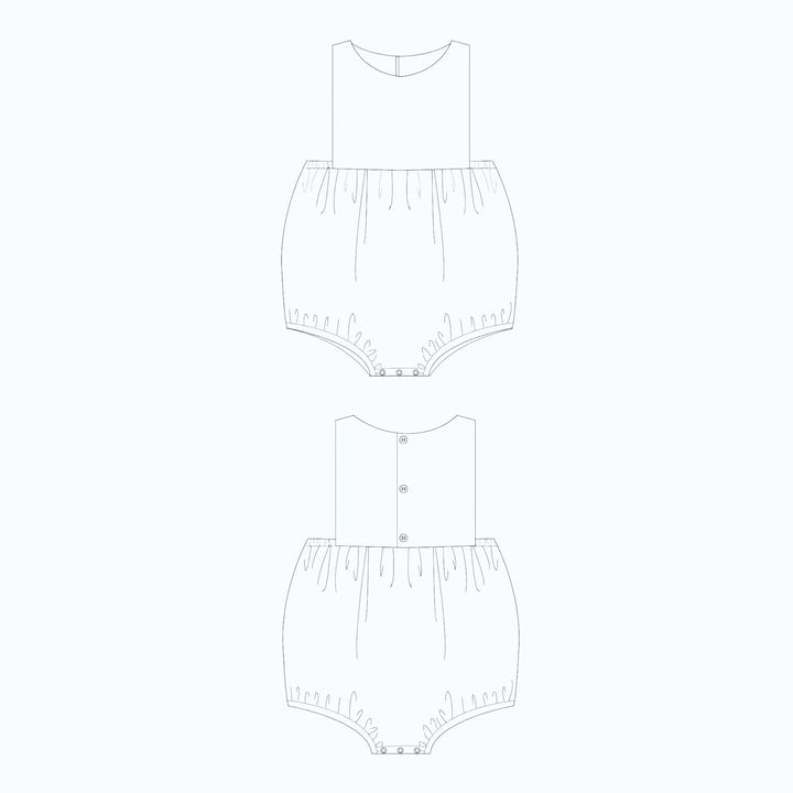 Patternforkids PDF Schnittmuster MARCO: Technische Zeichnung eines Baby-Stramplers mit Bloomer-Schnitt und Knöpfen.