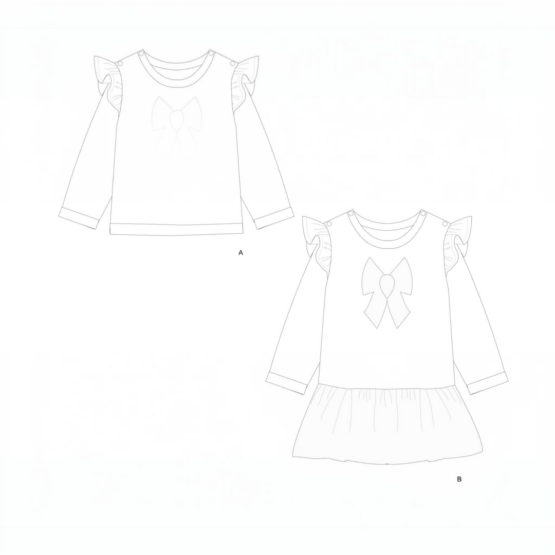 Patternforkids Schnittmuster SOPHIE: Technische Zeichnung eines Baby Sweatshirts und Kleids mit Rüschen und Schleife.