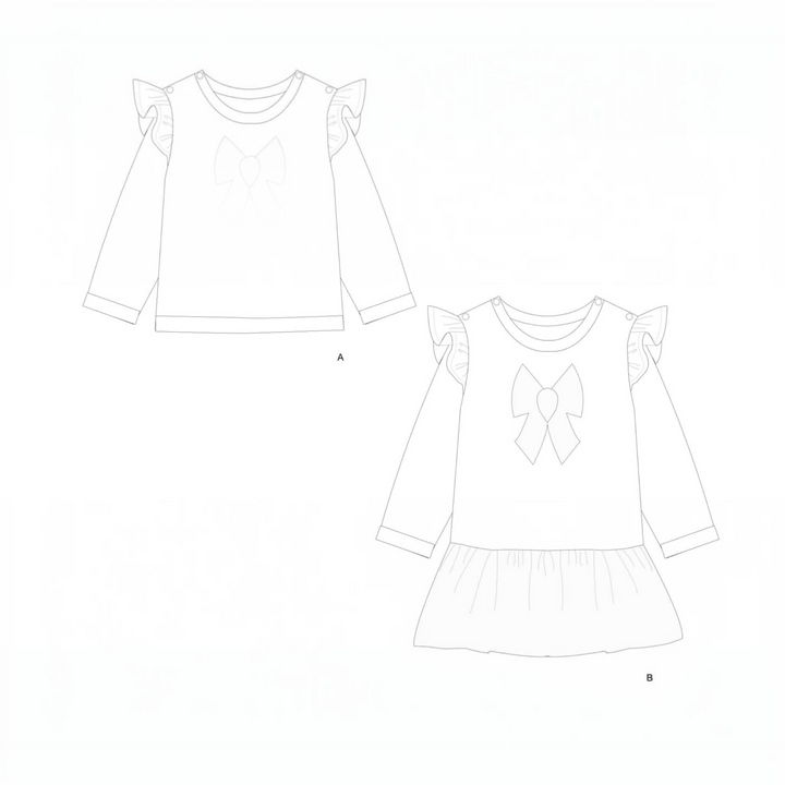 Patternforkids Schnittmuster SOPHIE: Technische Zeichnung eines Baby Sweatshirts und Kleids mit Rüschen und Schleife.
