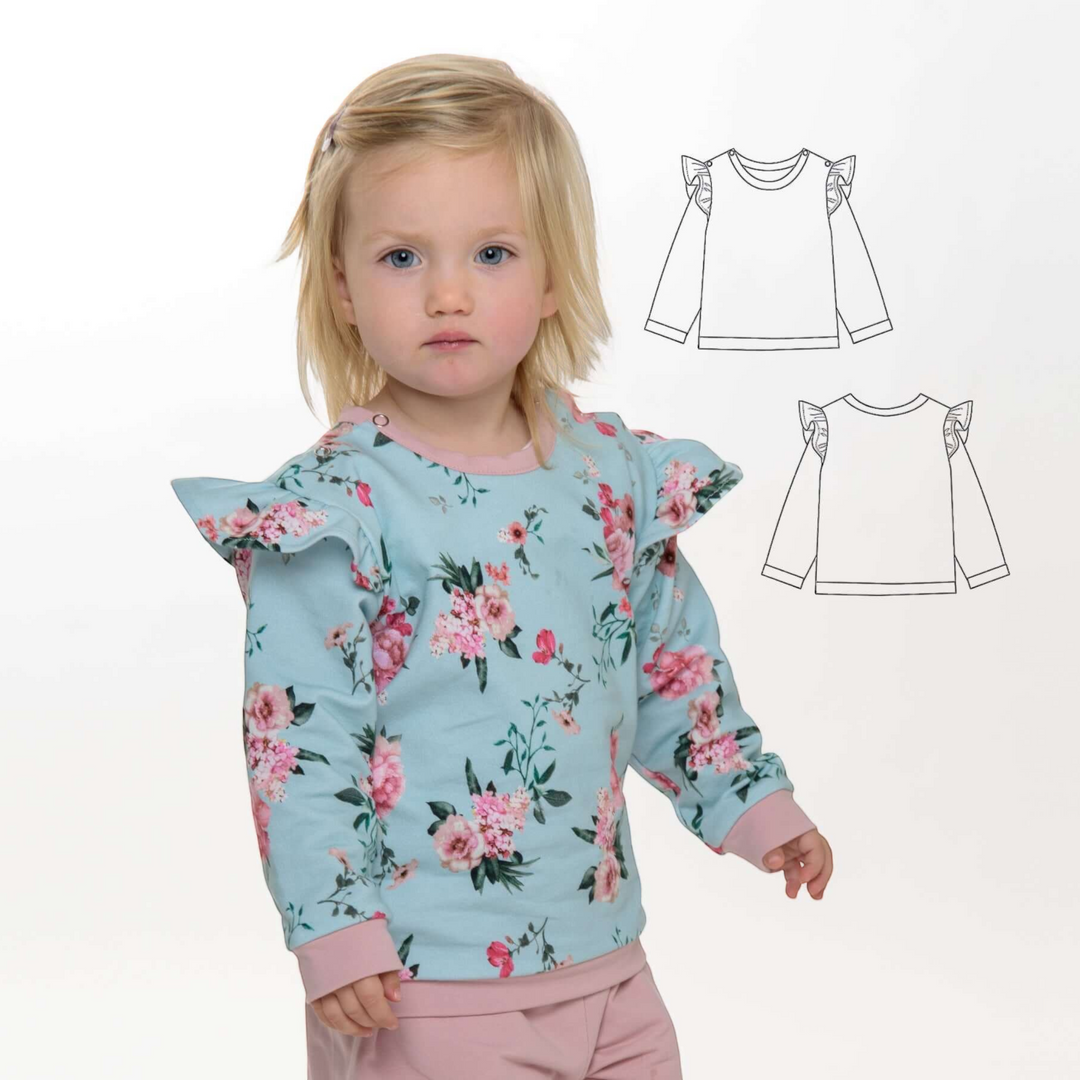 Patternforkids PDF Schnittmuster SOPHIE: Baby Sweatshirt mit Blumenmuster, Rüschen an den Schultern und Bündchen.