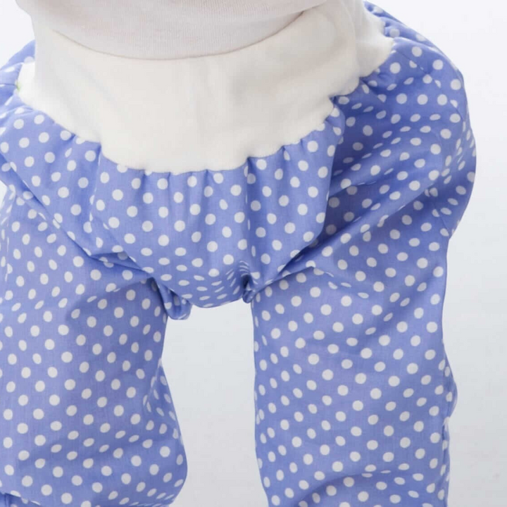 Patternforkids Babyhose BREK als blaue Pumphose mit weißen Punkten und elastischem weißem Bauchbündchen