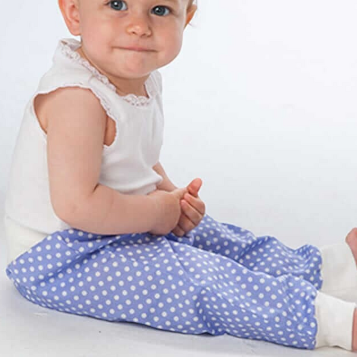 Patternforkids Babyhose BREK als blaue Pumphose mit weißen Punkten und bequemen Bündchen an einem sitzenden Baby