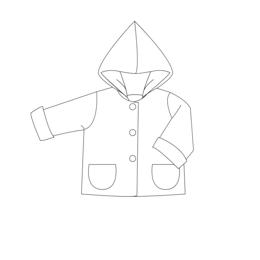 Patternforkids Schnittmuster für eine gefütterte Babyjacke mit Zipfelkapuze, Taschen und Armumschlägen als Skizze