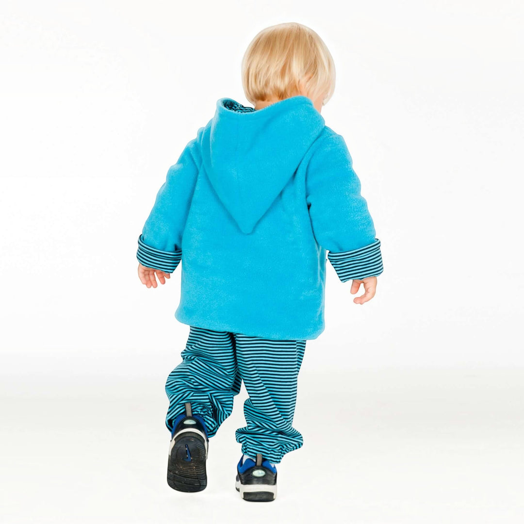 Patternforkids Babyjacke TORETTO in Blau mit Zipfelkapuze und gestreiften Ärmelbündchen, Rückansicht