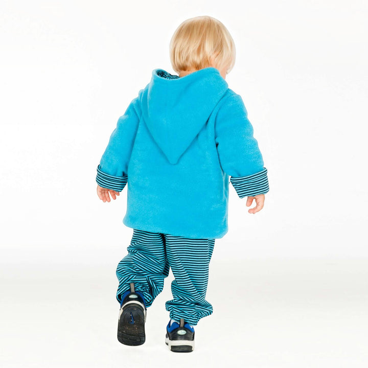 Patternforkids Babyjacke TORETTO in Blau mit Zipfelkapuze und gestreiften Ärmelbündchen, Rückansicht