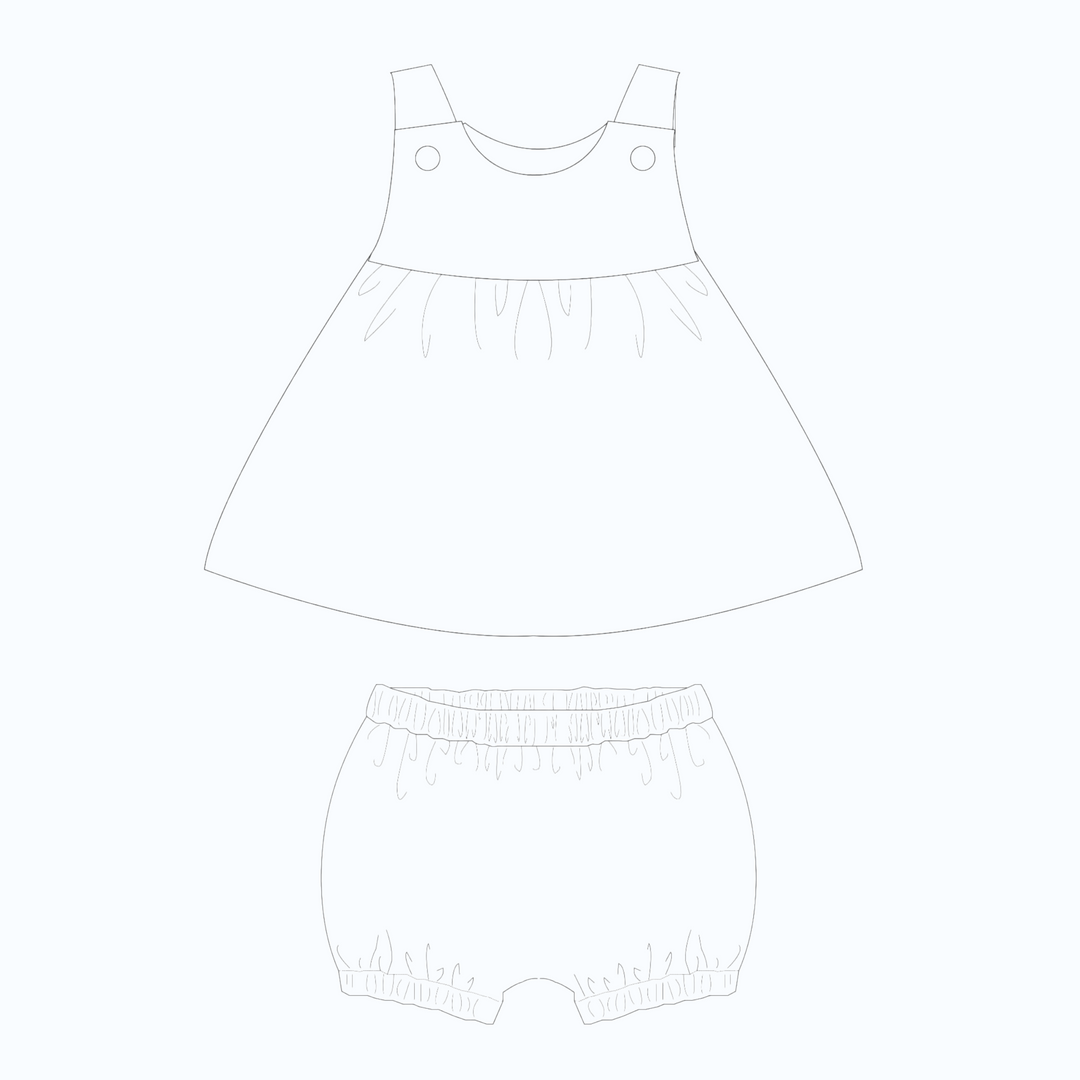 Patternforkids Schnittmuster für Babykleid und Pumphose mit Rüschen als digitale Skizze