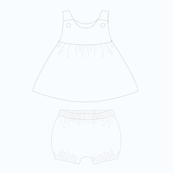 Patternforkids Schnittmuster für Babykleid und Pumphose mit Rüschen als digitale Skizze