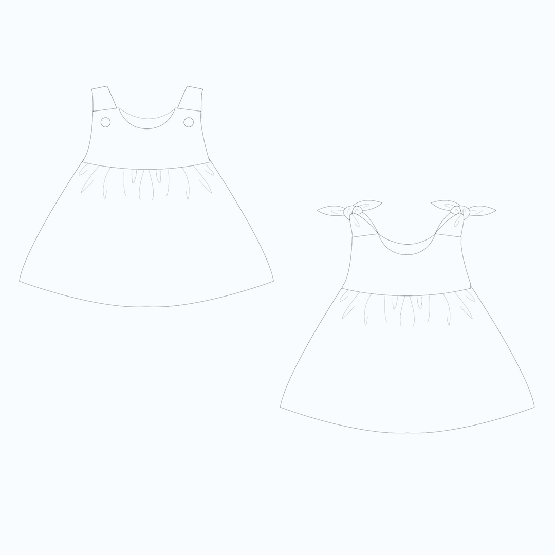 Patternforkids Schnittmuster für zwei Babykleid-Varianten mit Passe und gekräuseltem Rock als digitale Skizze