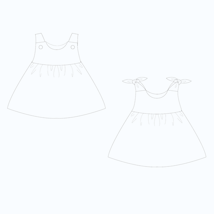 Patternforkids Schnittmuster für zwei Babykleid-Varianten mit Passe und gekräuseltem Rock als digitale Skizze
