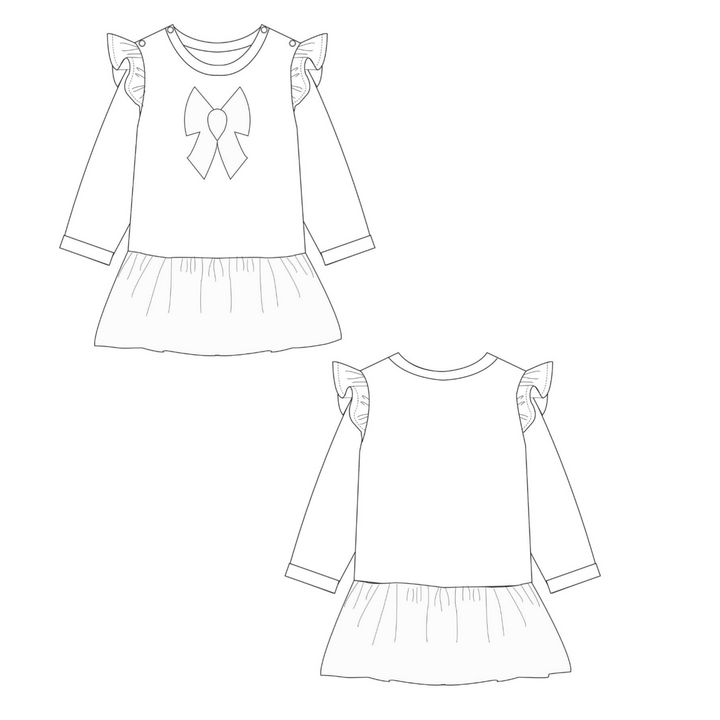 Patternforkids Schnittmusterzeichnung für Babykleid Sophie mit Rüschen, Schleifenapplikation und Schulterknöpfen