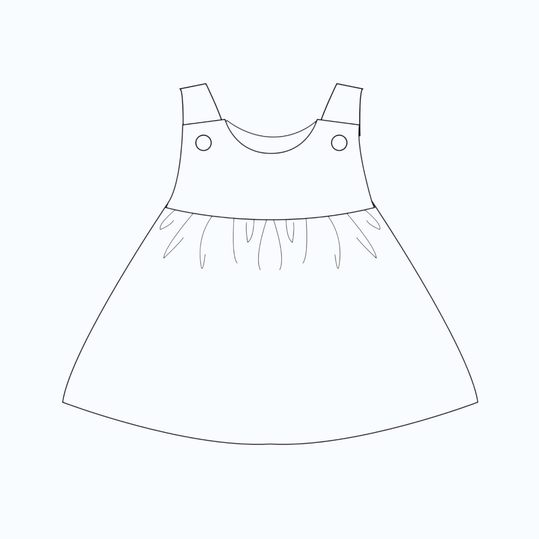 Patternforkids Schnittmuster für ein Babykleid mit gekräuseltem Rock, Trägern und Knöpfen als technische Zeichnung