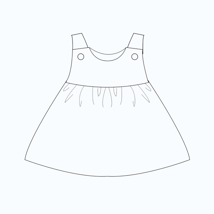 Patternforkids Schnittmuster für ein Babykleid mit gekräuseltem Rock, Trägern und Knöpfen als technische Zeichnung
