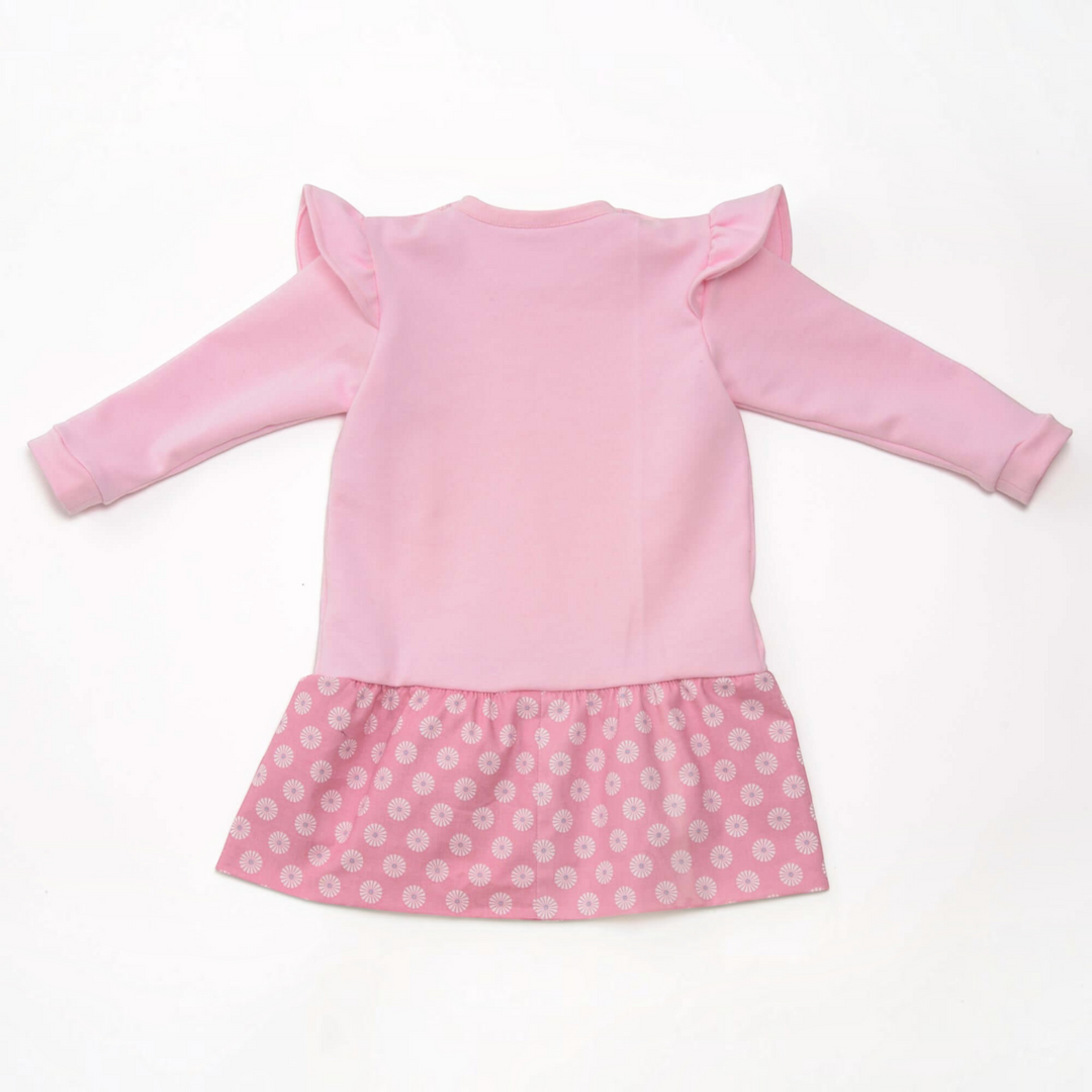 Patternforkids Babykleid SOPHIE in Rosa mit Rüschen an den Schultern und gemustertem Rockteil aus Baumwolle