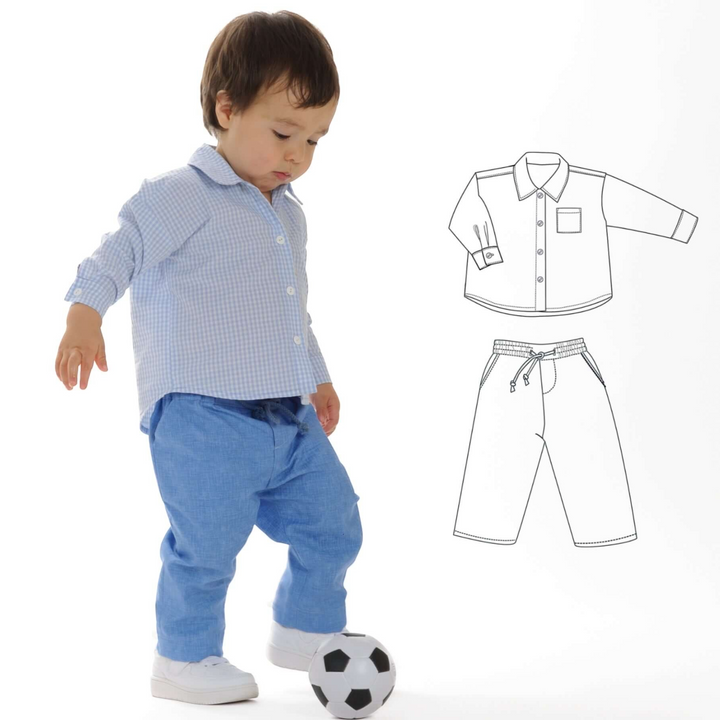 Patternforkids Schnittmuster TOM NOAH für ein hellblaues Kinderhemd und eine blaue Hose mit technischer Zeichnung