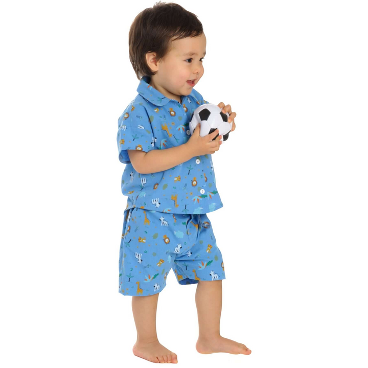 Patternforkids Kinder Hemd und Shorts Set mit blauem Tiermuster aus Baumwolle für Jungen