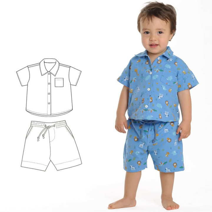 Patternforkids Schnittmuster TOM NOAH: Kind in blauem Kurzarm-Hemd und Shorts mit Tiermuster aus Baumwolle.