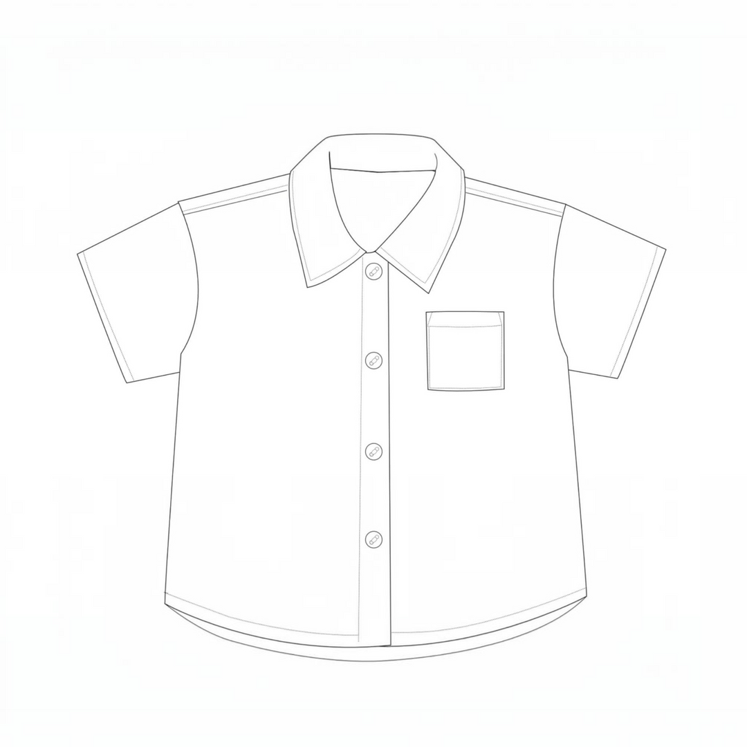 Patternforkids Kinderhemd Schnittmuster TOM als technische Skizze eines Kurzarmhemds mit Kragen und Brusttasche