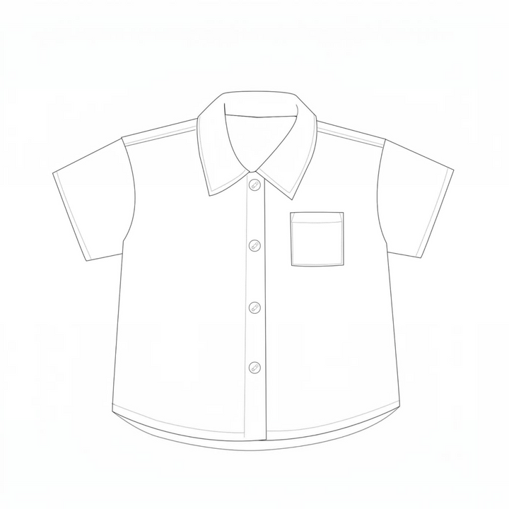 Patternforkids Kinderhemd Schnittmuster TOM als technische Skizze eines Kurzarmhemds mit Kragen und Brusttasche