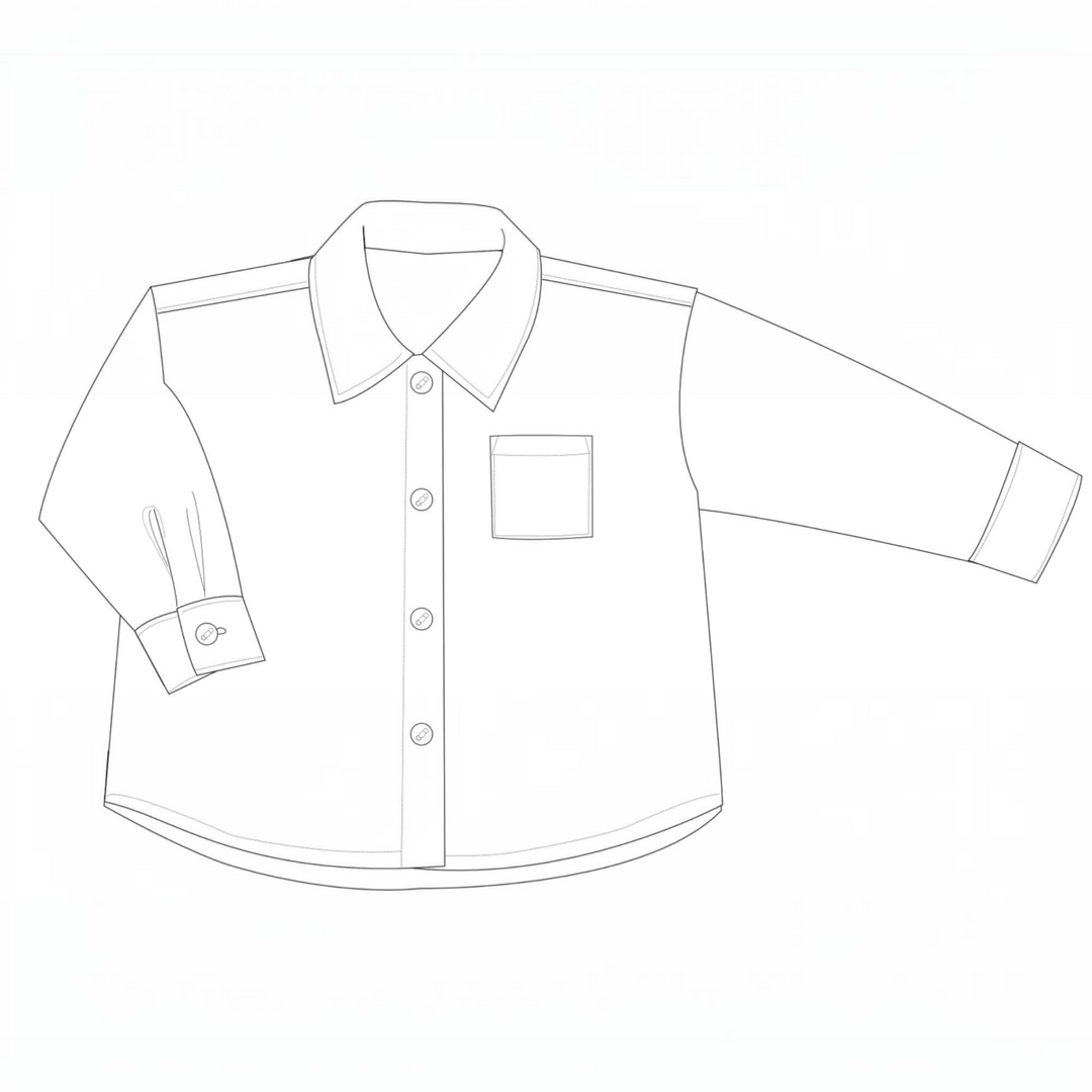 Patternforkids Schnittmuster TOM: Technische Zeichnung eines klassischen Kinderhemds mit Kragen und Brusttasche.