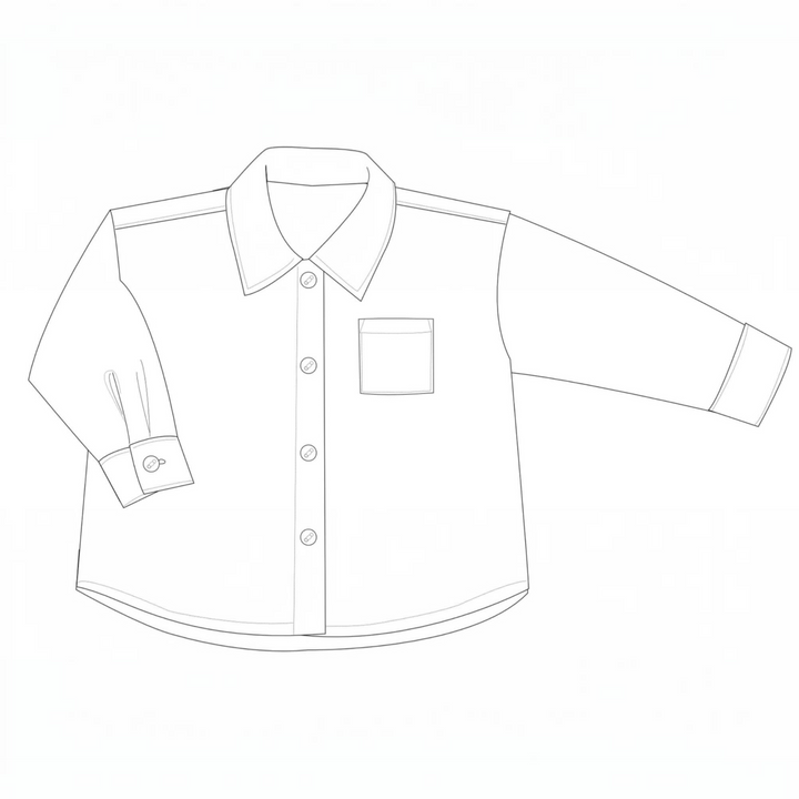 Patternforkids Schnittmuster TOM: Technische Zeichnung eines klassischen Kinderhemds mit Kragen und Brusttasche.