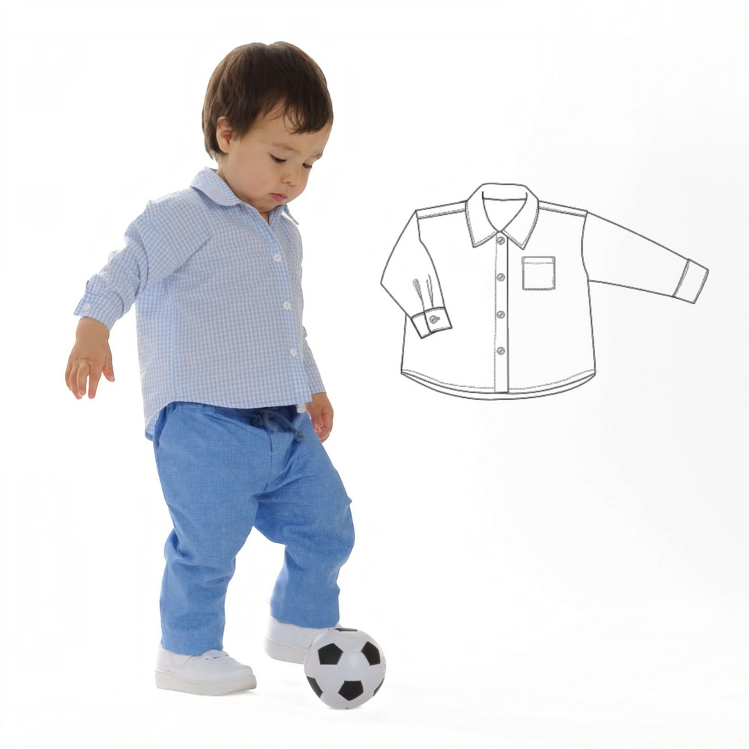 Patternforkids Kinderhemd Schnittmuster TOM als hellblaues Langarmhemd mit Kragen und Brusttasche an einem Kind