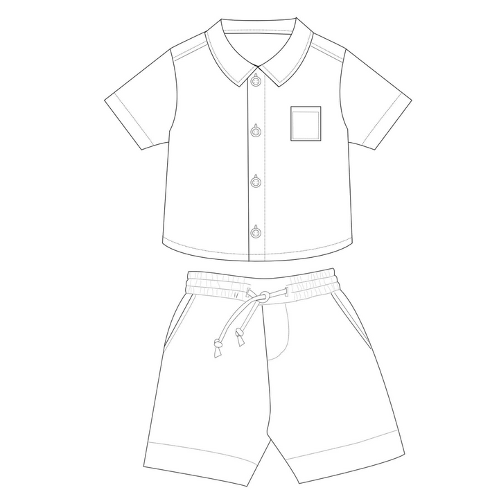 Patternforkids Schnittmuster für Kinderhemd und Shorts mit Brusttasche und elastischem Bund als technische Zeichnung