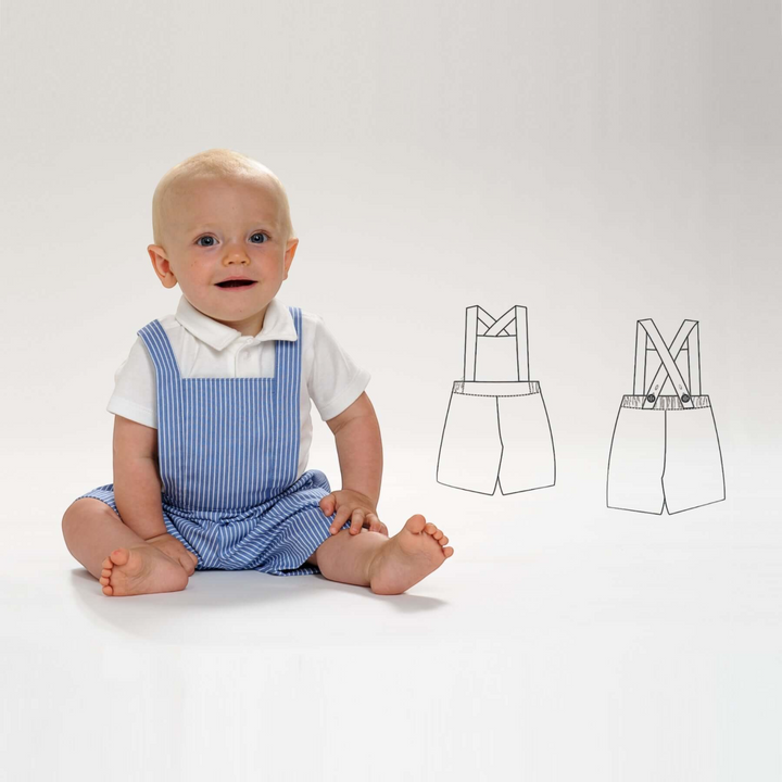 Patternforkids Schnittmuster Kleinkind Latzhose MAX in Blau-Weiß gestreift mit technischer Zeichnung