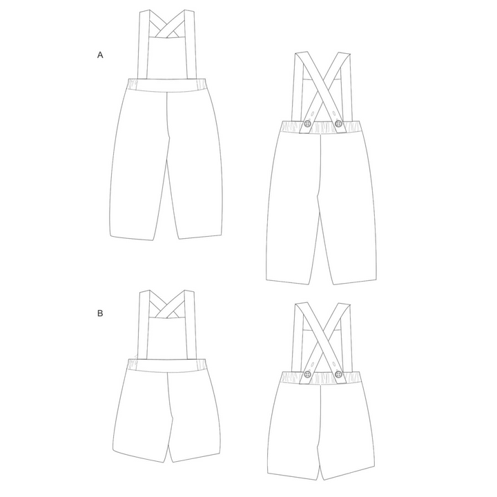 Patternforkids Schnittmuster für Kleinkind Latzhose MAX, 2-in-1 Design mit langen und kurzen Hosenbeinen als Skizze
