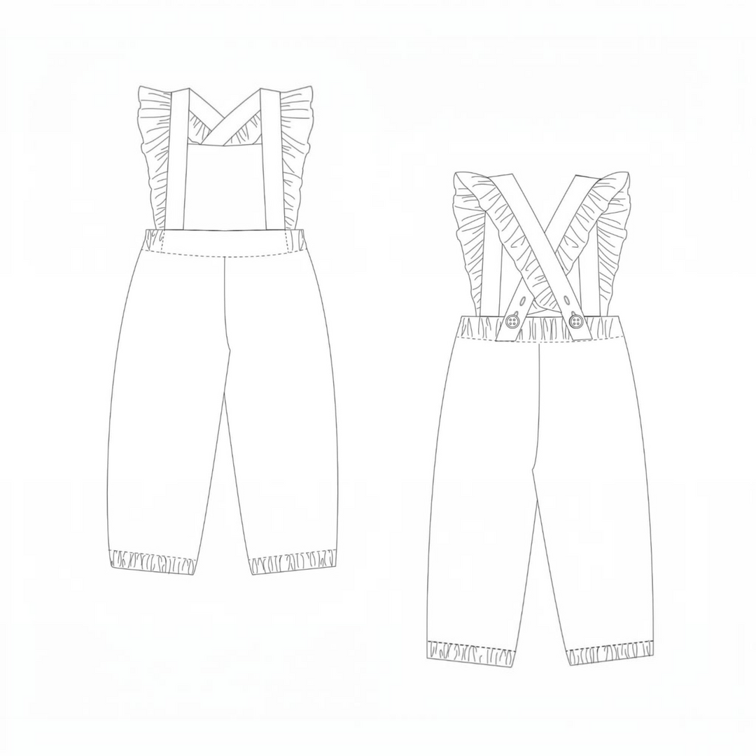 Patternforkids Schnittmuster DAISY für eine Mädchen-Latzhose mit Rüschen und gekreuzten Trägern, technische Zeichnung