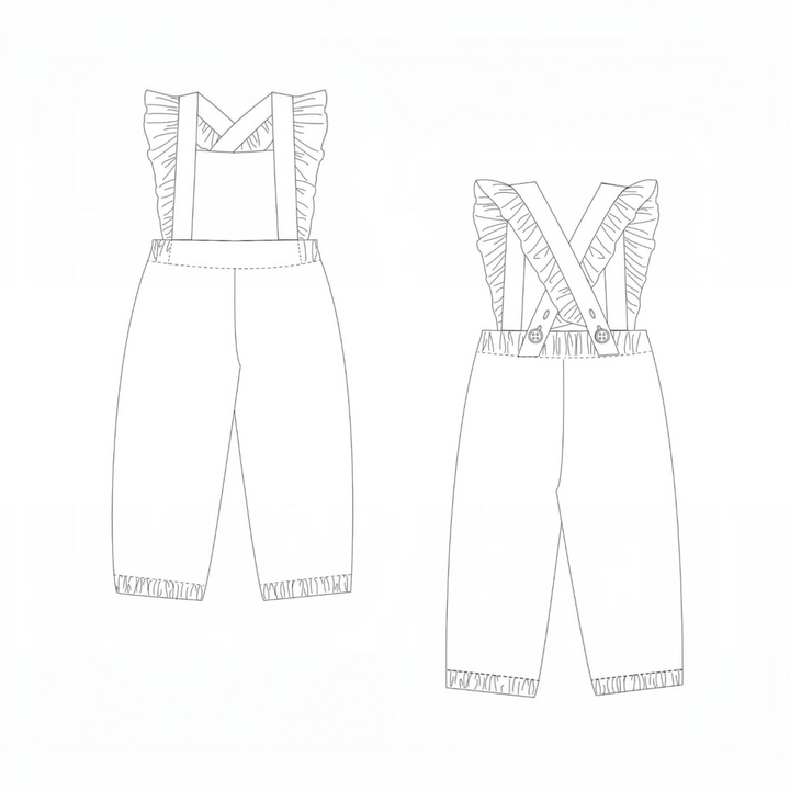 Patternforkids Schnittmuster DAISY für eine Mädchen-Latzhose mit Rüschen und gekreuzten Trägern, technische Zeichnung