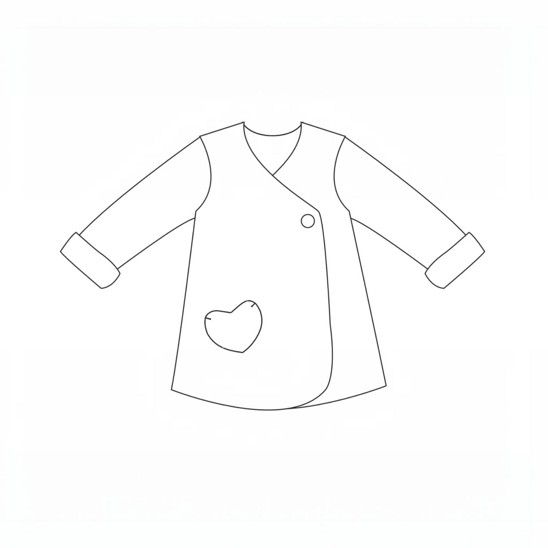 Patternforkids Schnittmuster LENA Tunika als schwarz-weiße Strichzeichnung mit Herz-Applikation und Wickeloptik