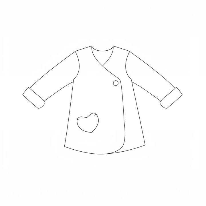 Patternforkids Schnittmuster LENA Tunika als schwarz-weiße Strichzeichnung mit Herz-Applikation und Wickeloptik
