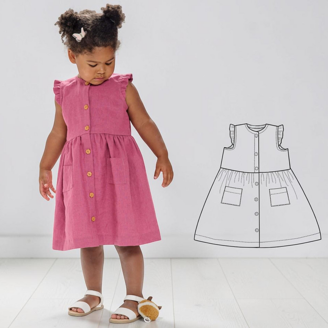Patternforkids Mädchenkleid MIMI Schnittmuster als ärmelloses Sommerkleid in Altrosa mit Knopfleiste und Taschen