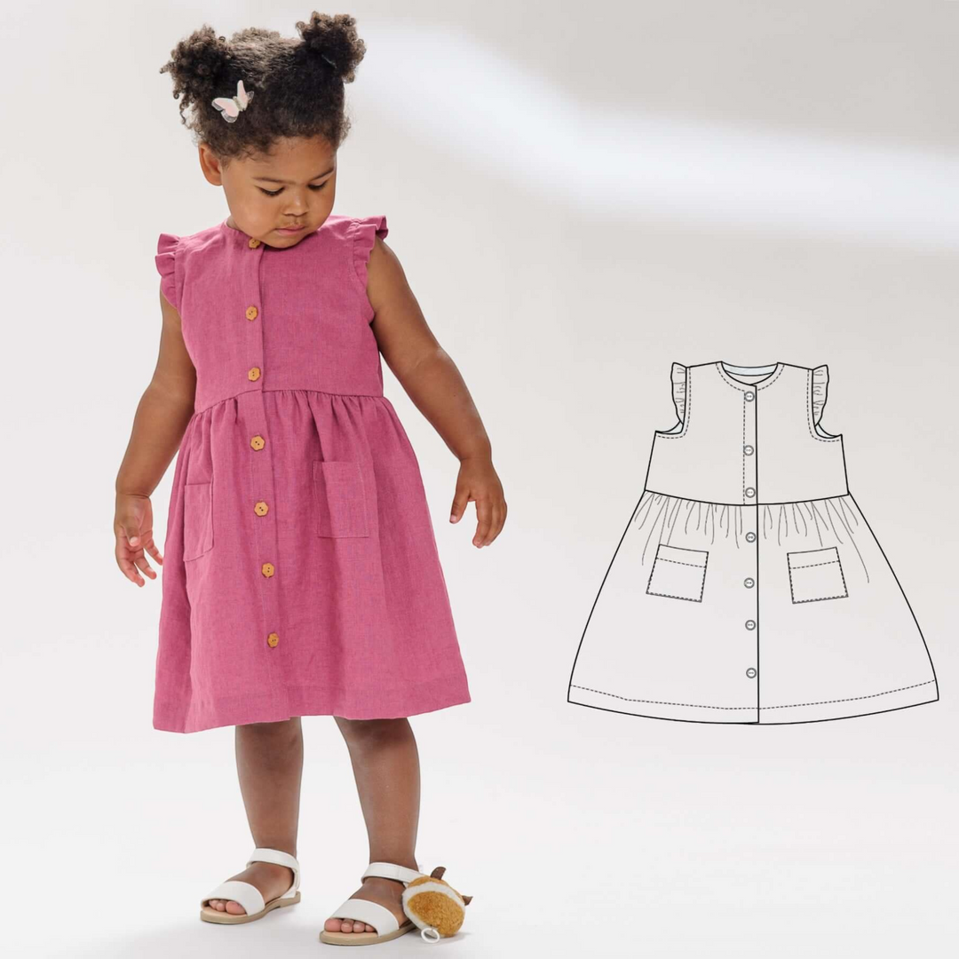 Patternforkids Mädchenkleid MIMI Schnittmuster als rosa ärmelloses Kleid mit Rüschen und aufgesetzten Taschen