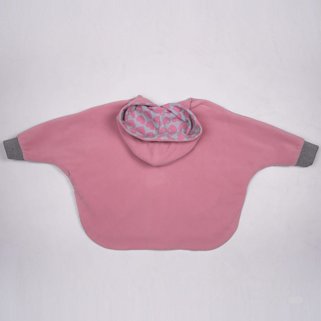 Patternforkids Poncho MARA in Altrosa mit Kapuze, grauem Bündchen und herzbedrucktem Innenfutter