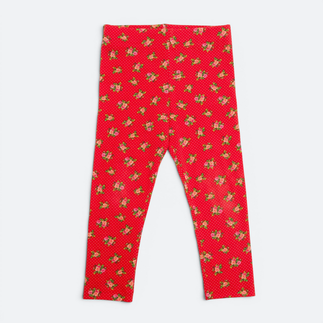 Patternforkids ENNA Kinderleggings aus rotem Jersey mit Blumenmuster und Punkten, ideal als bequeme Babyhose.
