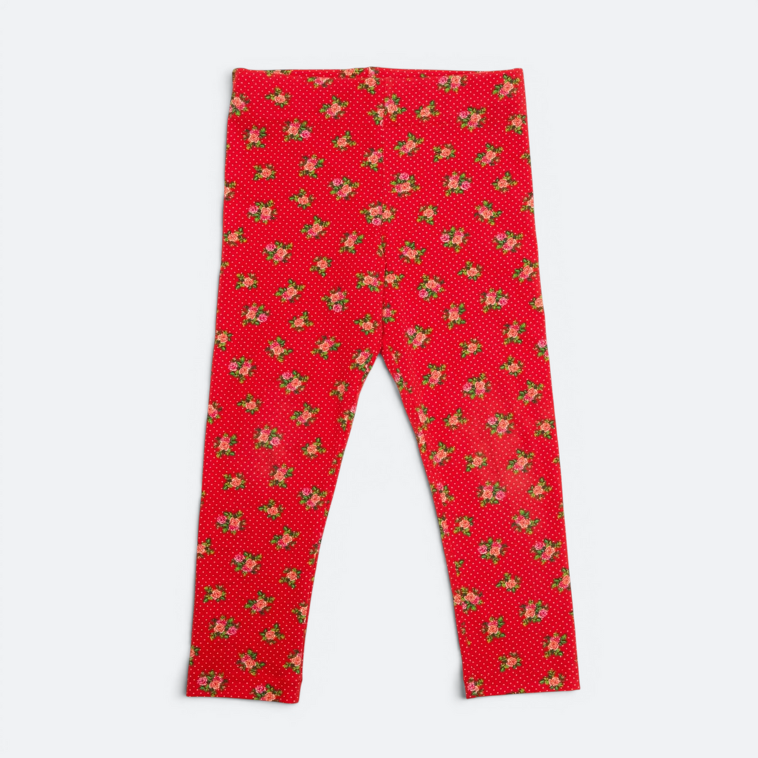 Patternforkids Kinder Leggings ENNA aus rotem Jersey mit Blumenmuster und Punkten, ohne Seitennähte