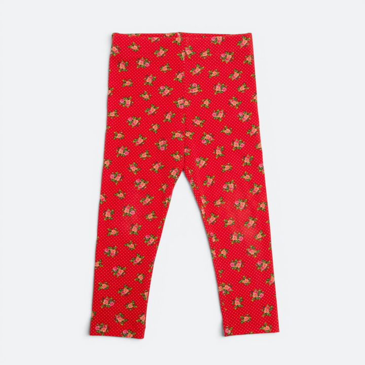Patternforkids Kinder Leggings ENNA aus rotem Jersey mit Blumenmuster und Punkten, ohne Seitennähte