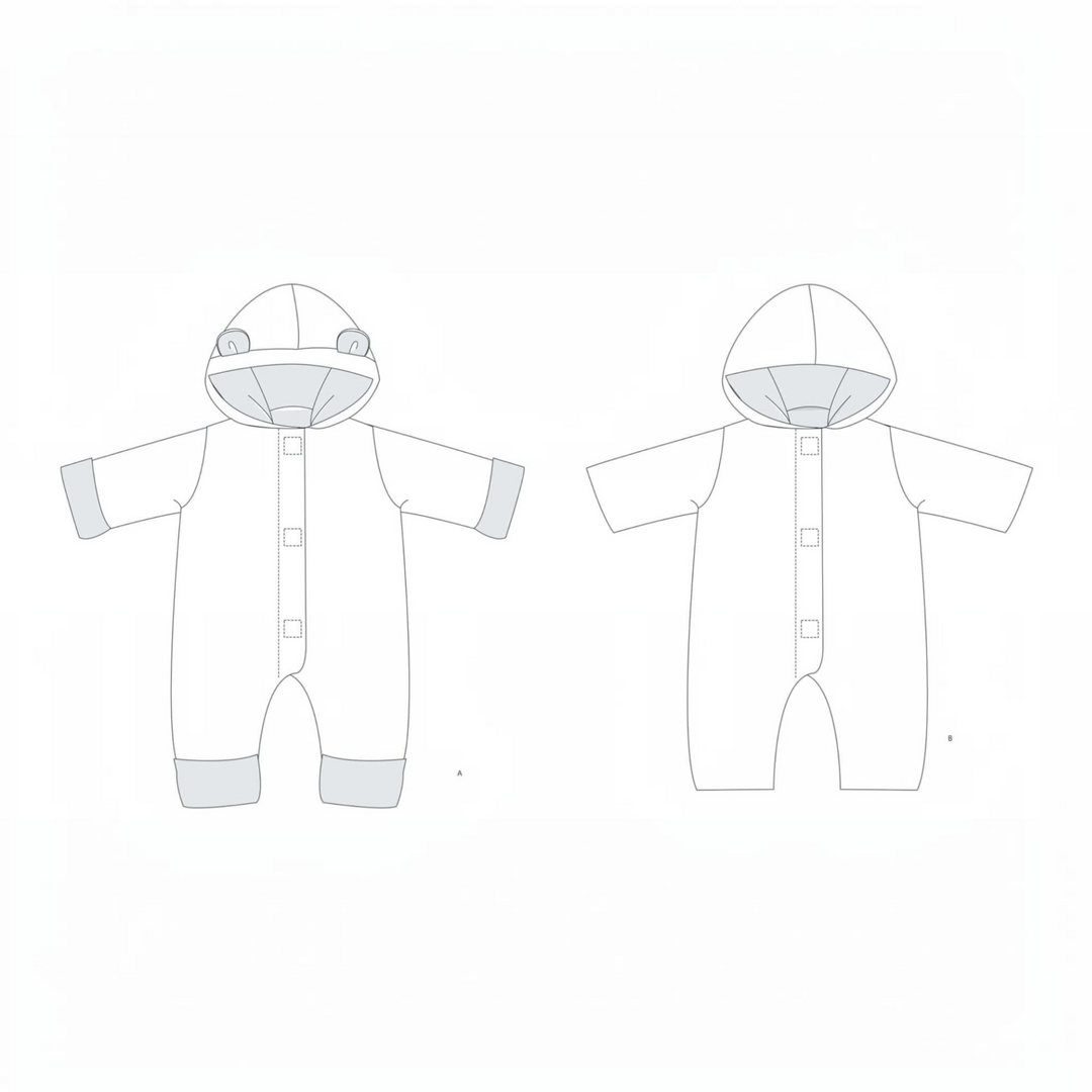 Technische Zeichnung des Patternforkids Baby-Kapuzenstramplers CASSIA mit zwei Varianten für Umschläge und Kapuze