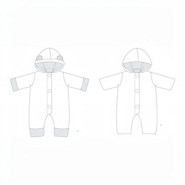 Technische Zeichnung des Patternforkids Baby-Kapuzenstramplers CASSIA mit zwei Varianten für Umschläge und Kapuze