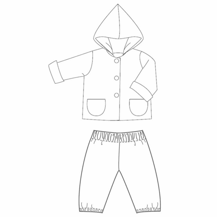 Patternforkids Schnittmuster Set TORETTO TORINO mit Kapuzenjacke und bequemer Babyhose als technische Zeichnung