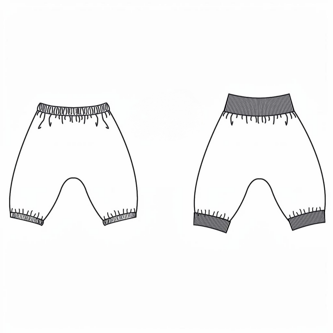 Patternforkids Schnittmuster Babyhose 2-in-1 BREK als technische Skizze von Pumphose und Leggings mit Bündchen